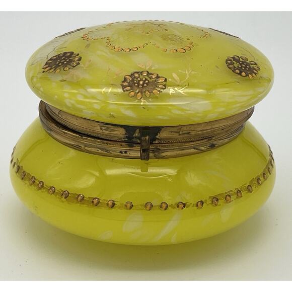 Antique Moser Bohemian Hand Painted Enameled Lemon Yellow White Glass Box - Picture 1 of 7